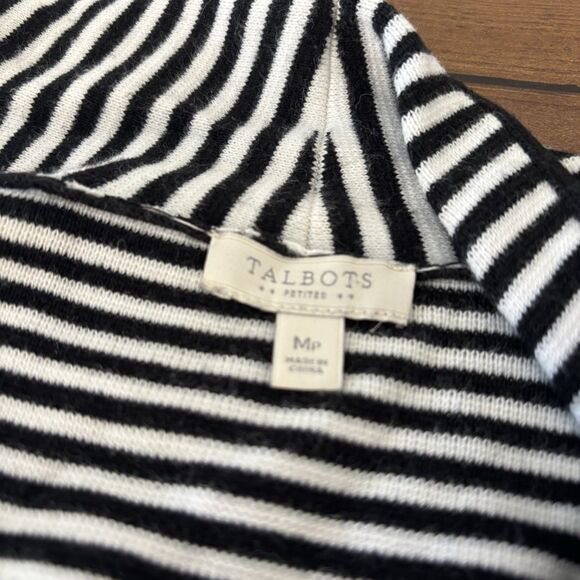TALBOTS Women Open Cardi Cardigan Sz M Petite Black White Stripe Sweater Jacket - Picture 5 of 7